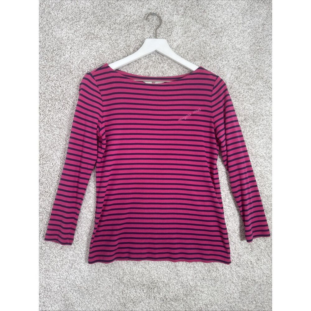 Women's Vineyard Vines Size S Pink & Navy Blue Stripes Long Sleeve Top